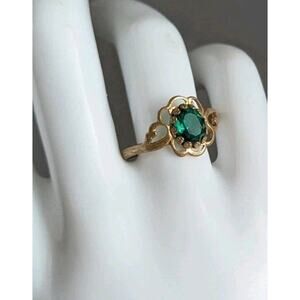 Vtg Gold Plated Green Emerald Gemstone Ring Sz 9 French Belle Epoque Art Deco
